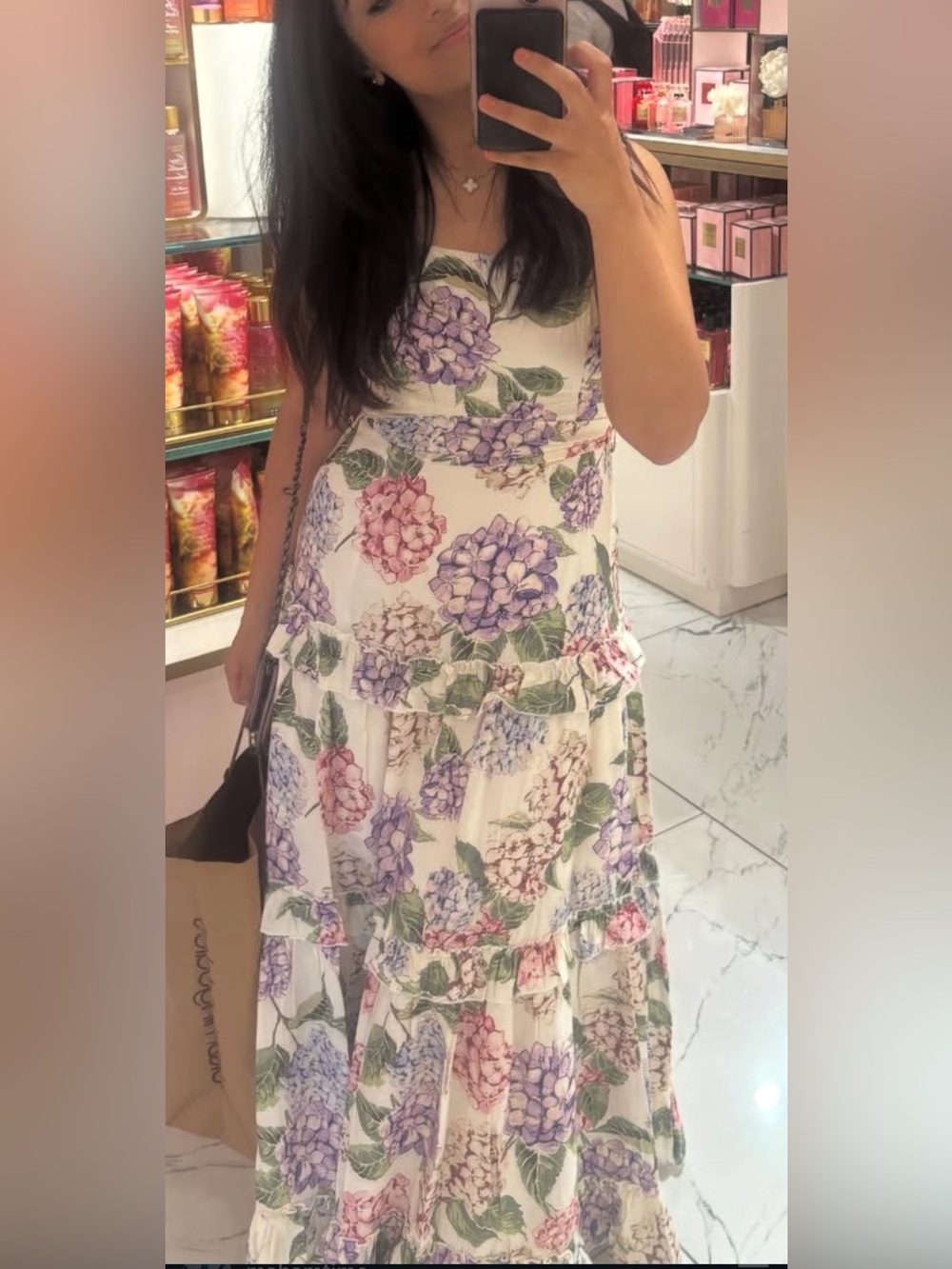 White Floral Tiered Sundress with Purple & Pink Hydrangeas